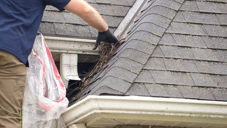 gutter cleaning professional cleaning debris and gutter with black gloves